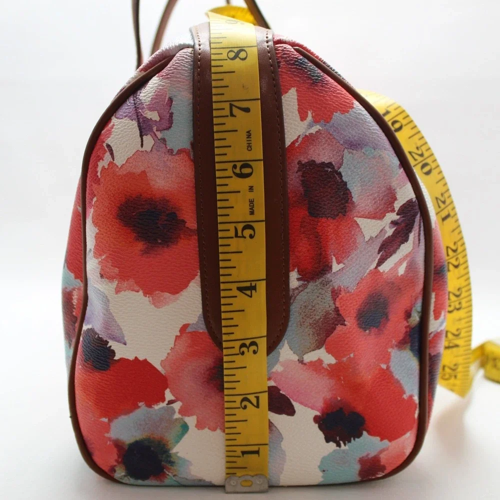 Lauren Ralph Lauren Floral Watercolor Satchel Bag‎ Brown Leather Trim Red Blue